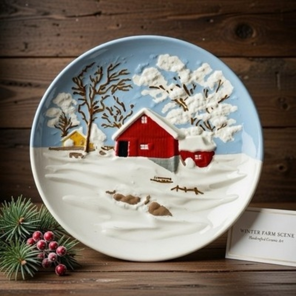 Vintage Byron Molds 3D Ceramic Wall Plate Snow Red Barn Handpainted 13.5" EXC